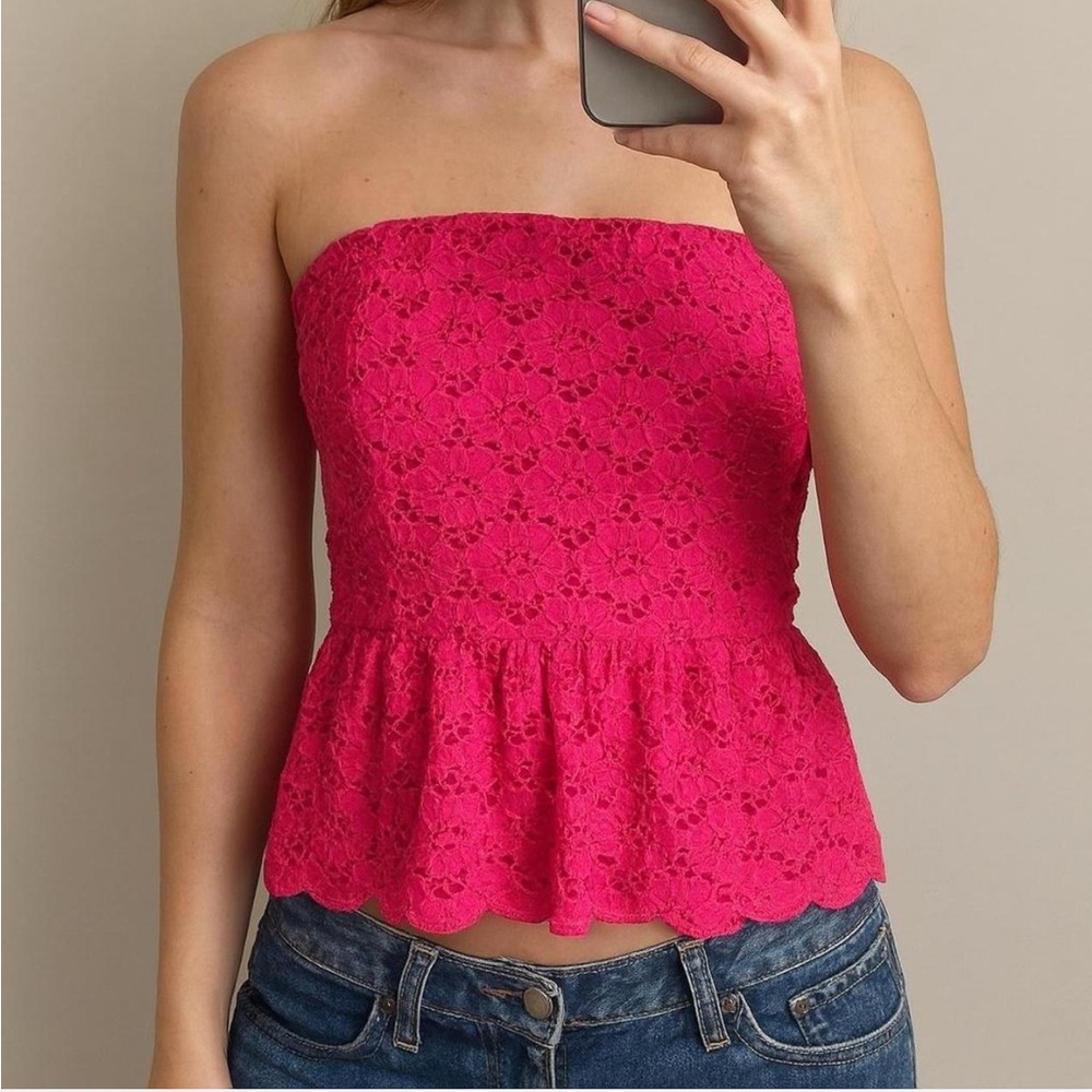 Abercrombie & Fitch Pink Crochet Sleeveless Peplum Top Preppy Y2K‎ Coquette